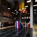 Modern Internet Cafe Interior With Colorful Pendant Lights Tables Computers And Decor