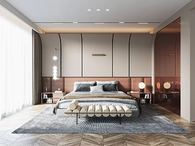 Modern Bedroom Interior With Upholstered Headboard Bench Nightstands And Area Rug 3d model