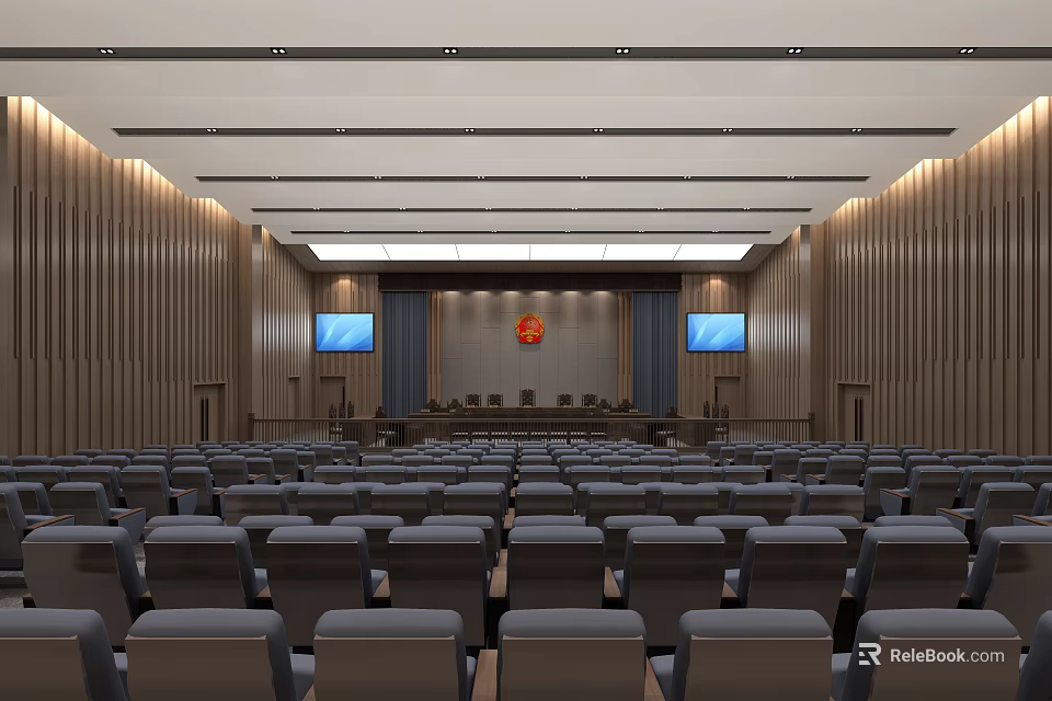 Modern Courtroom Interior With Auditorium Seats Central Podium Digital Screens And National Emblem 3d model 