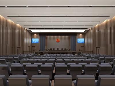 Modern Courtroom Interior With Auditorium Seats Central Podium Digital Screens And National Emblem 3d model