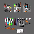 Colorful Assorted Writing Pens With Various Types Pencil Holders And Office Stationery