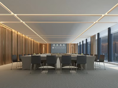 Modern Spacious Conference Room With Long Table Wooden Walls And Large Windows 3d model