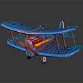 Blue Biplane Model with Red Cockpit and Orange Struts on Dark Background with Reflection