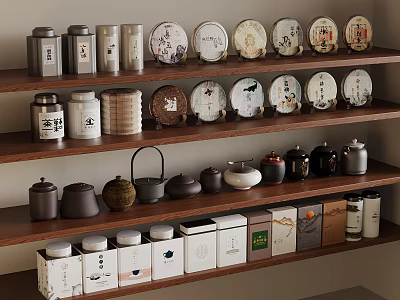 Various Tea Cans Teapots And Ceramic Sets Display On Wooden Shelves 3d model