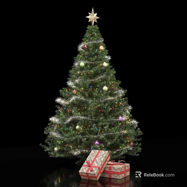 Festive Christmas Tree Ornament Combination With String Lights Colorful Baubles And Gift Boxes Underneath 3d model 