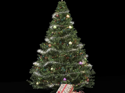 Festive Christmas Tree Ornament Combination With String Lights Colorful Baubles And Gift Boxes Underneath 3d model
