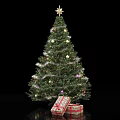 Festive Christmas Tree Ornament Combination With String Lights Colorful Baubles And Gift Boxes Underneath