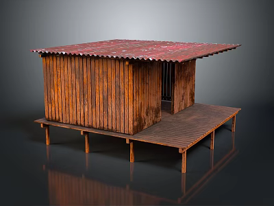 Simple Wooden Building With Red Corrugated Roof Wooden Walls And Raised Platform 3d model