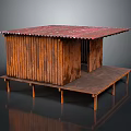 Simple Wooden Building With Red Corrugated Roof Wooden Walls And Raised Platform