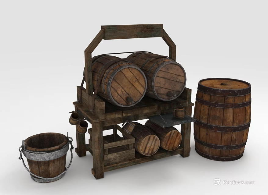 Vintage Wooden Barrel Storage Furniture With Rack Two Large Barrels And Small Bucket 3d model 