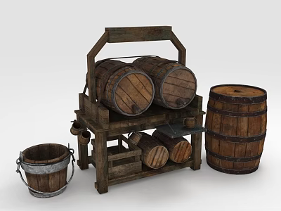 Vintage Wooden Barrel Storage Furniture With Rack Two Large Barrels And Small Bucket 3d model