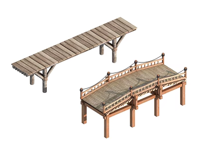 Two Wooden Garden Bridges With Simple Plank And Decorative Railing Design 3d model