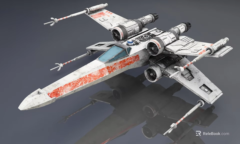 Detailed X Wing Starfighter Model With Red Stripes Metallic Finish And Engines 3d model 