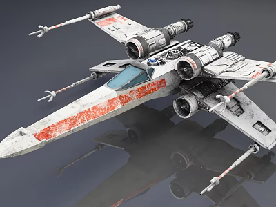 Detailed X Wing Starfighter Model With Red Stripes Metallic Finish And Engines 3d model
