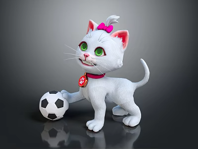 White Kitten With Pink Bow Red Collar And Black White Soccer Ball On Gray Background 3d model