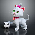 White Kitten With Pink Bow Red Collar And Black White Soccer Ball On Gray Background