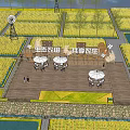 Rural Landscape with Golden Rice Fields White Modern Structure and Blue Sky