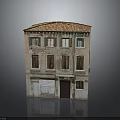Historic Multi Story Building Exterior With Red Tile Roof Weathered Walls And Windows