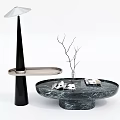 Modern Round Dark Marble Coffee Table With Decorative Branches And Small Ornaments 3d model