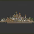 Cartoon Scenic Island with Green Forest Red Mountain Castle and Blue Lake
