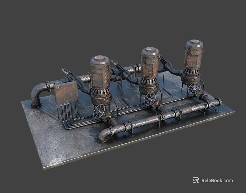 Industrial Rusted Metal Mechanical Device With Cylindrical Components And Pipes On Base 3d model 