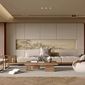 Chinese Style Living Room Interior Design With Wooden Sofa Coffee Table And Landscape Painting
