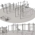 Outdoor Public Fitness Area With Climbing Frames Parallel Bars And Wooden Benches