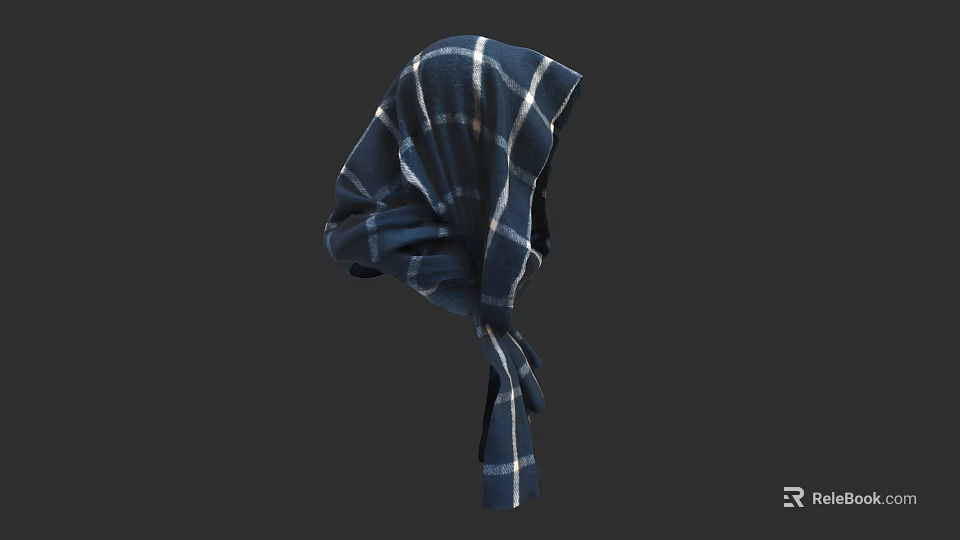 Dark Blue Plaid Headscarf With Knotted Design And Soft Fabric Texture 3d model 