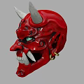 Red Decorative Demon Mask with White Horns Green Eyes and Sharp Teeth