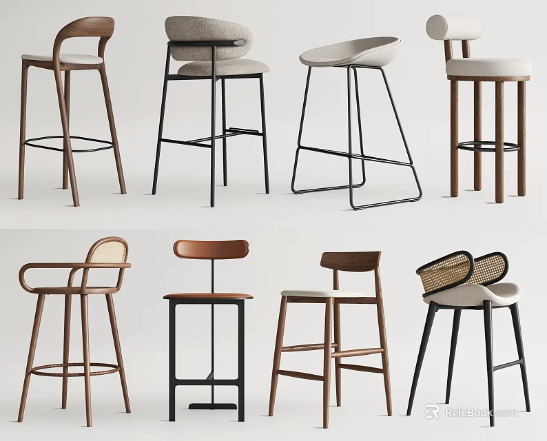Various Modern Bar Stools With Wooden Metal Frames And Different Backrest Styles 3d model