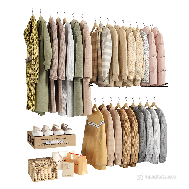 Various Stylish Clothes Hanging on Hangers with Knit Sweaters and Neutral Tones 3d model 