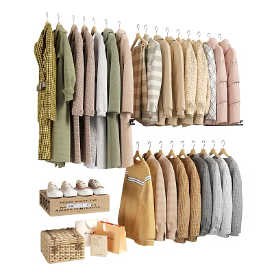 Various Stylish Clothes Hanging on Hangers with Knit Sweaters and Neutral Tones 3d model