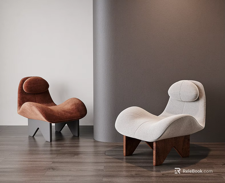Modern Leisure Chairs Brown and Cream with Curved Backrest and Wooden Legs in Minimalist Interior Space 3d model 
