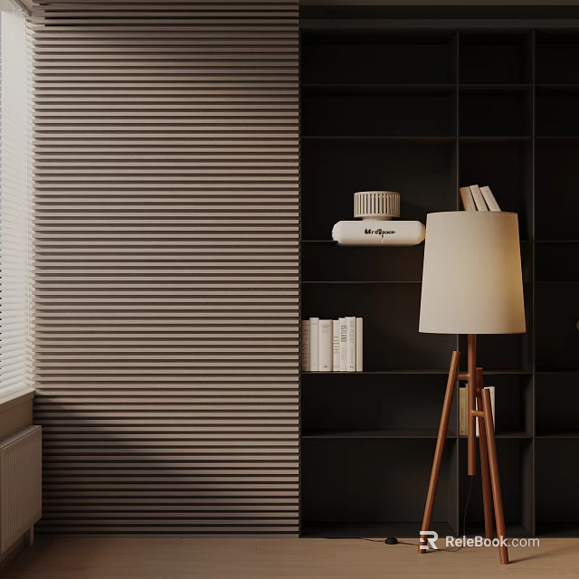Modern Floor Lamp with White Lampshade on Wooden Stand Near Black Bookshelf and Striped Curtains 3d model 