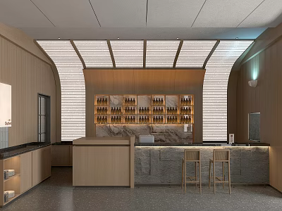 Modern Café Interior With Wooden Walls Curved Design Marble Counter And Bar Stools 3d model