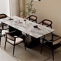 Modern Rectangular Dining Table Set With Marble Top Six Wooden Woven Chairs On Rug 3d model