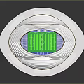 Architectural View Of Modern Football Stadium With White Exterior Green Pitch And Blue Seats