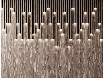 Modern Wooden Background Wall Design With Vertical Slats And Built-in Lights 3d model