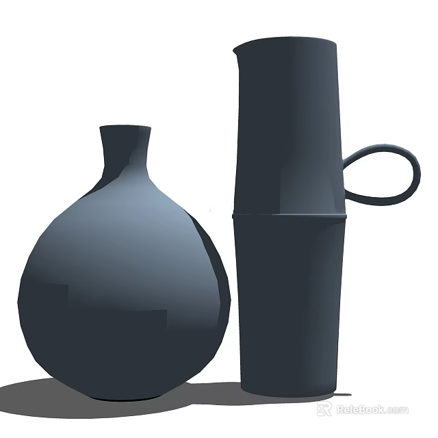 Two Black Vases With Round Bottom And Tall Handle For Home Decor 3d model 