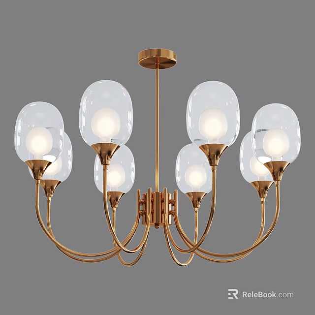 Modern Gold Metal Chandelier With Clear Glass Globe Shades And Eight Lights 3d model 