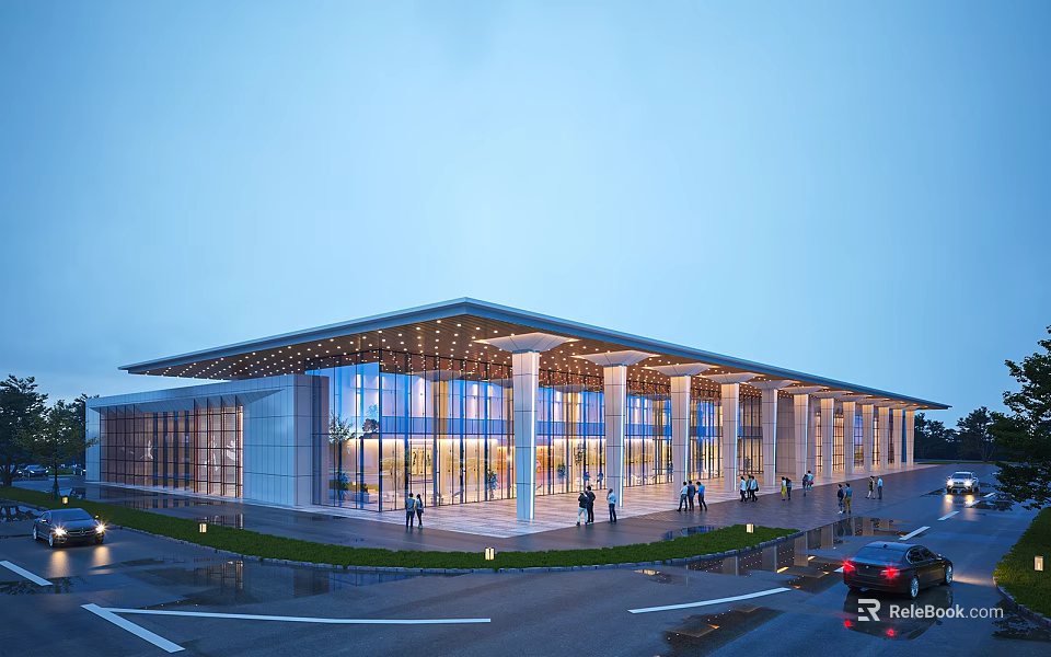 Modern Sales Office Building With Glass Curtain Walls Overhanging Roof Columns And Pedestrians Around 3d model 