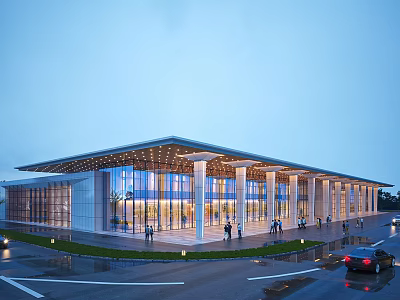 Modern Sales Office Building With Glass Curtain Walls Overhanging Roof Columns And Pedestrians Around 3d model