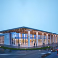 Modern Sales Office Building With Glass Curtain Walls Overhanging Roof Columns And Pedestrians Around