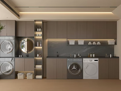 Modern Style Laundry Room With Multiple Washing Machines Cabinets Shelves Cleaning Supplies And Sleek Design 3d model