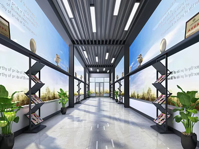 Modern Spacious Office Hallway With Display Shelves Green Plants And Ceiling Lights 3d model