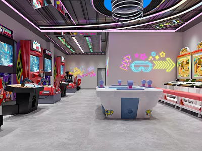 Vibrant Indoor Amusement Park Space With Arcade Machines Interactive Tables And Colorful Lights 3d model