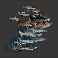 Various Colored Sharks Displayed in Layered Arrangement on Gray Background