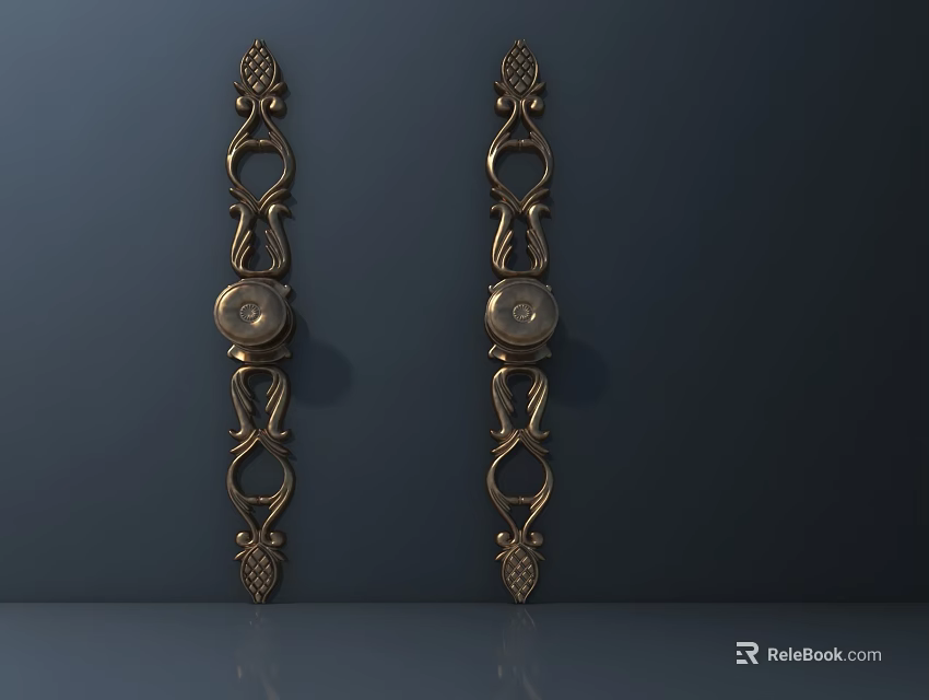 Golden Ornate Door Handles With Intricate Curved Patterns And Polished Surface 3d model 