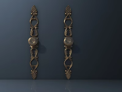Golden Ornate Door Handles With Intricate Curved Patterns And Polished Surface 3d model