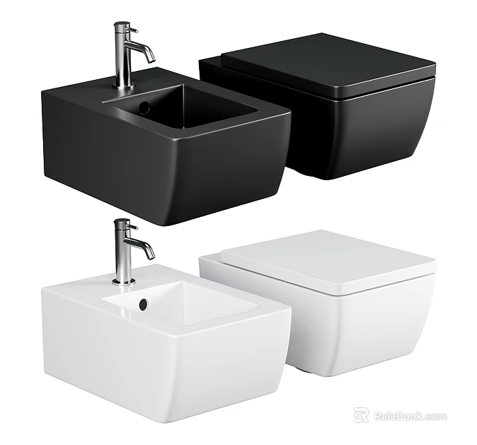 Modern Black and White Toilet and Sink Set with Square Bowl Design Elements 3d model 